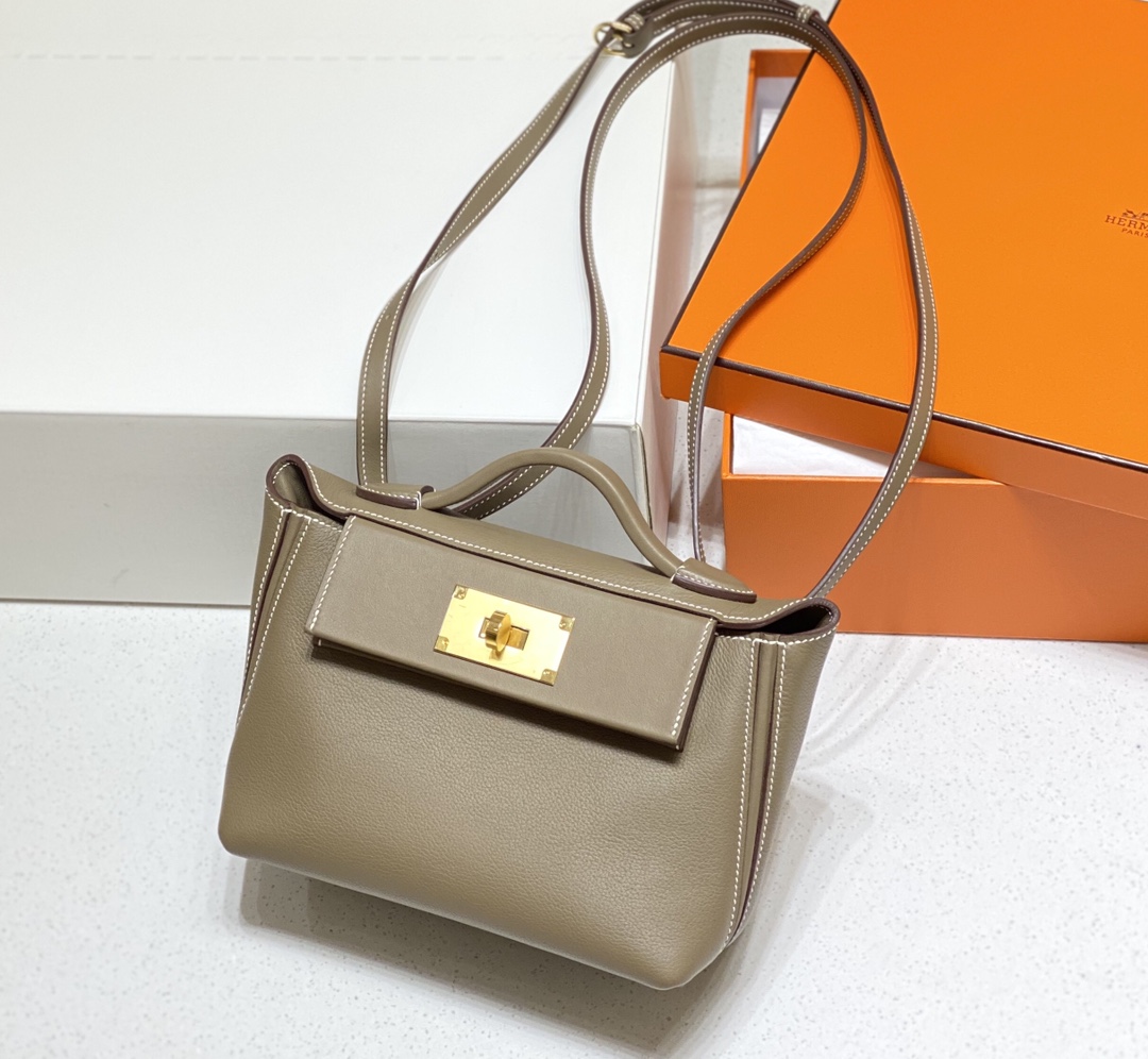 Hermes Kelly Mini 2424 21cm Handbag in Etoupe Clemence Leather 